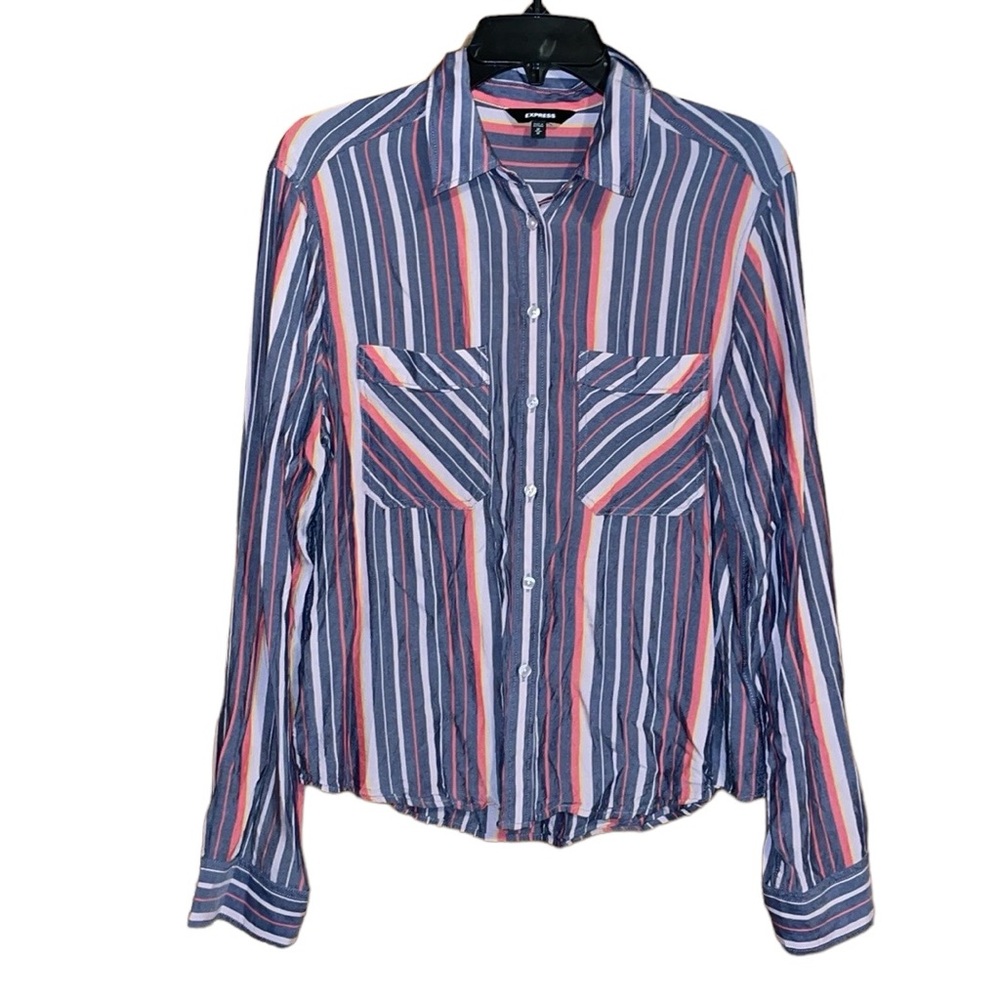 •EXPRESS•100% VISCOSE STRIPED BUTTON UP FLOWY LIGHTWEIGHT BLOUSE SIZE MEDIUM EUC